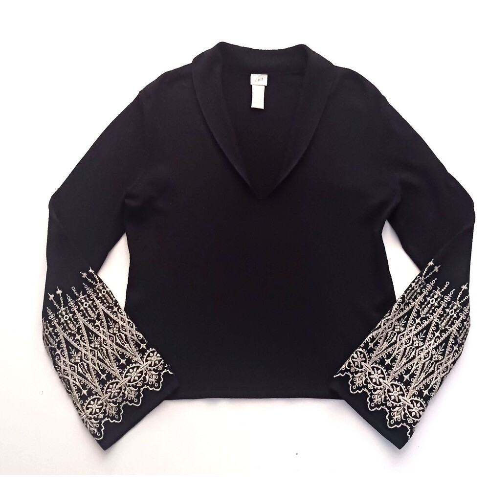 J Jill Blk Knit V Neck Top Ivory Embroidered Bell Sleeve Sz S